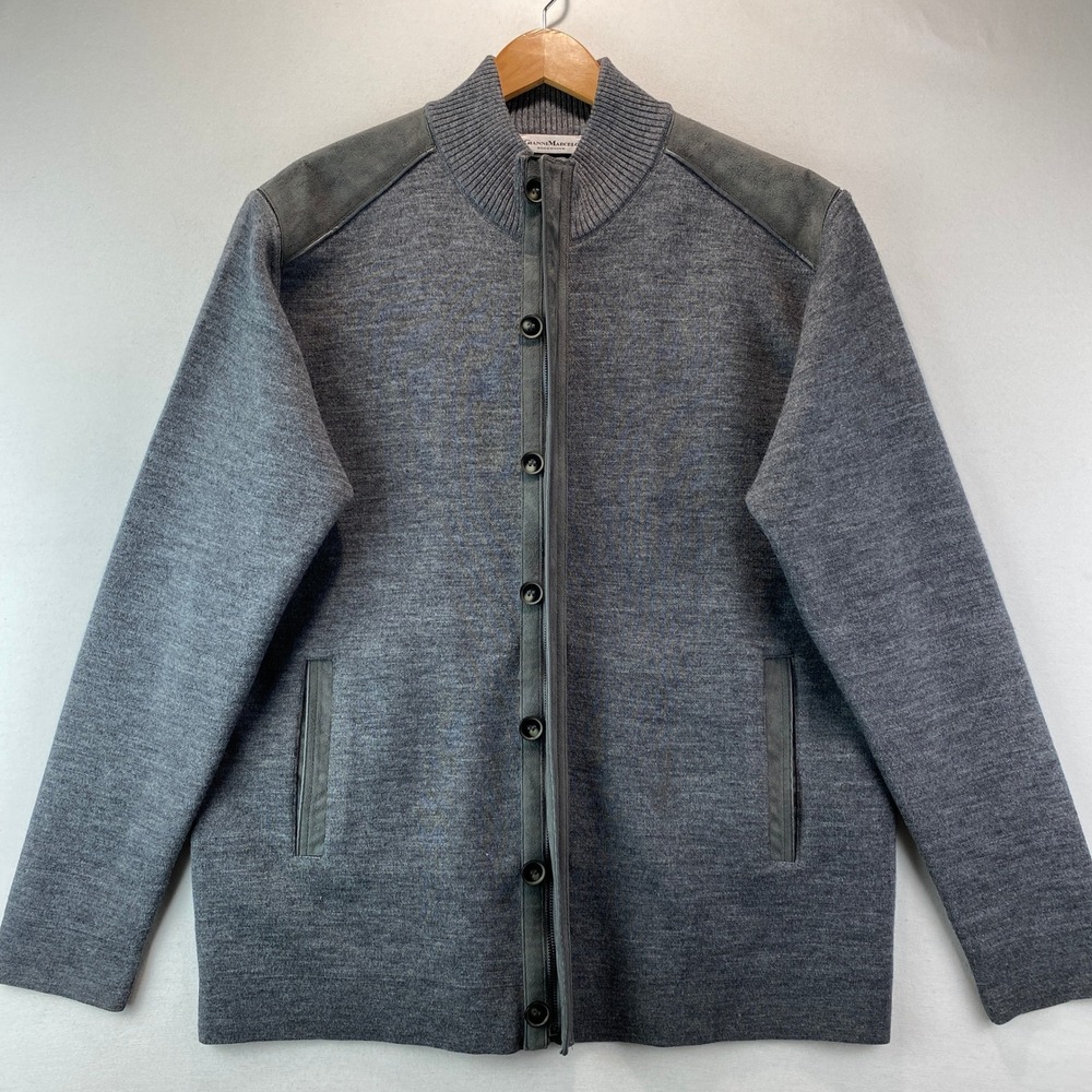 Gianni Marcelo Merino Wool Leather Full Zip Jacket Mens XL Gray Patch Cardigan